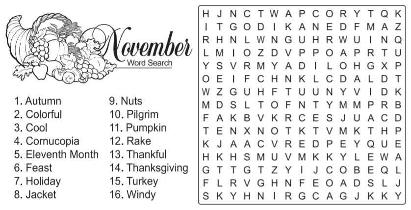 November-themed word search puzzle